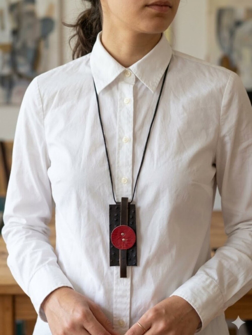 Handmade Genuine Leather Red Disc Brown Haircalf Black Ostrich Pendant Necklace